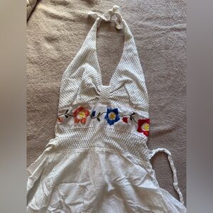 White Halter Dress with Multicolor Floral Embroidery